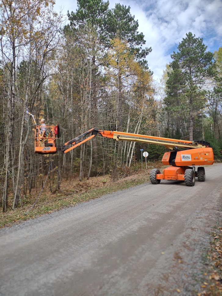 Cherry picker with a person in lift working on trees